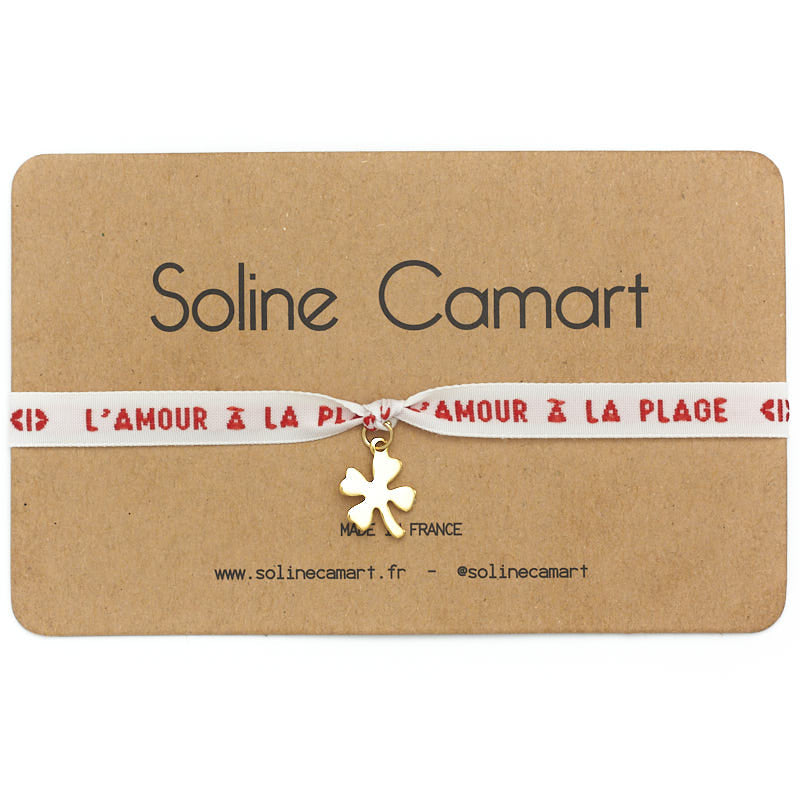 Bracelet l'Amour à la Plage Message Brodé Rouge Femme Trèfle Doré