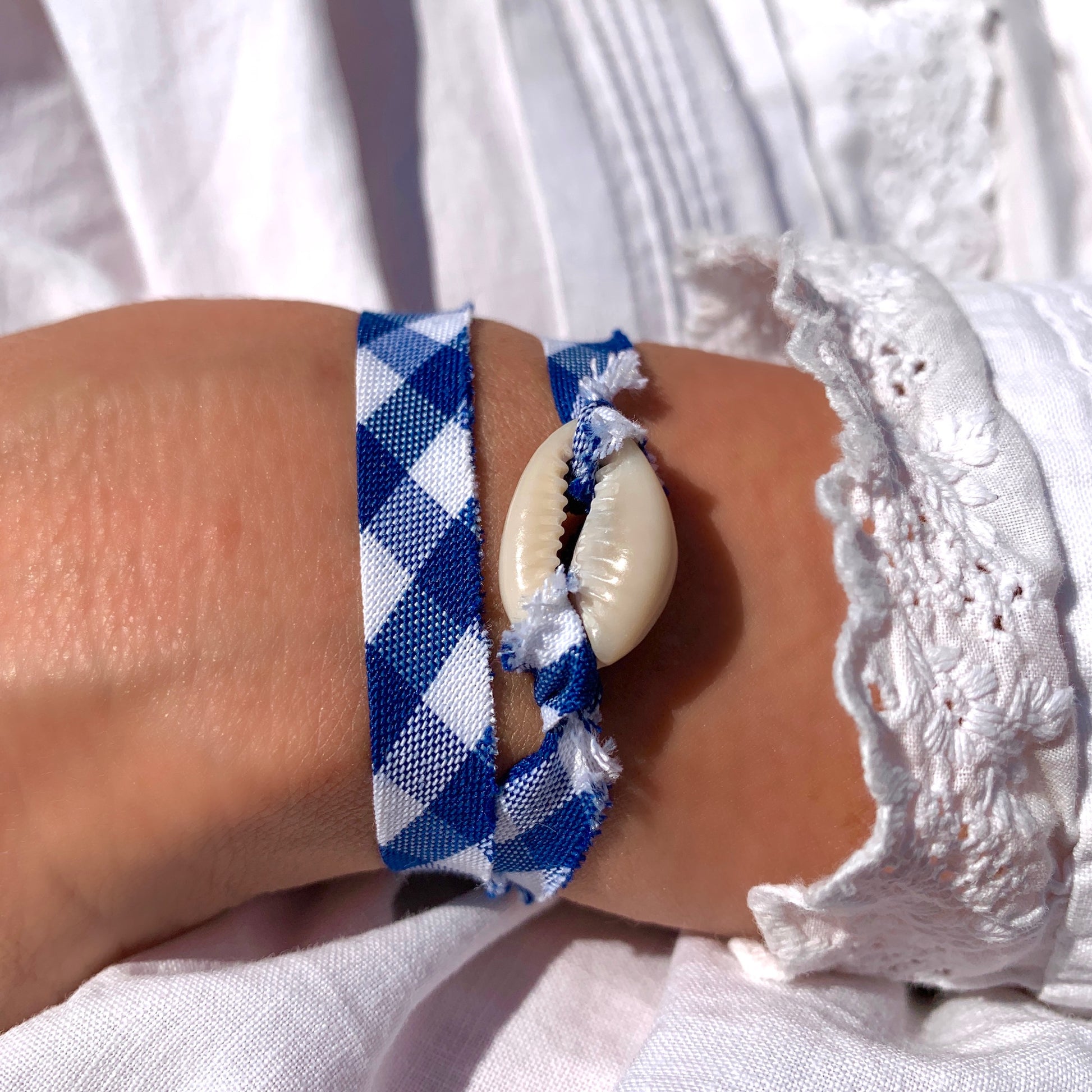 blue gingham shell bracelet
