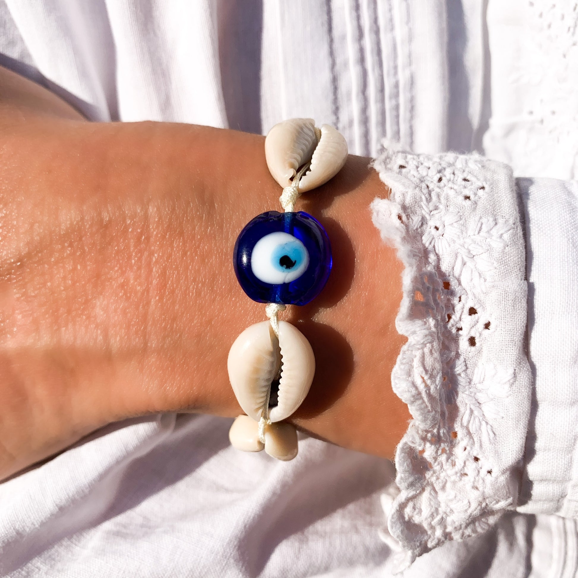 turquoise greek eye shell bracelet