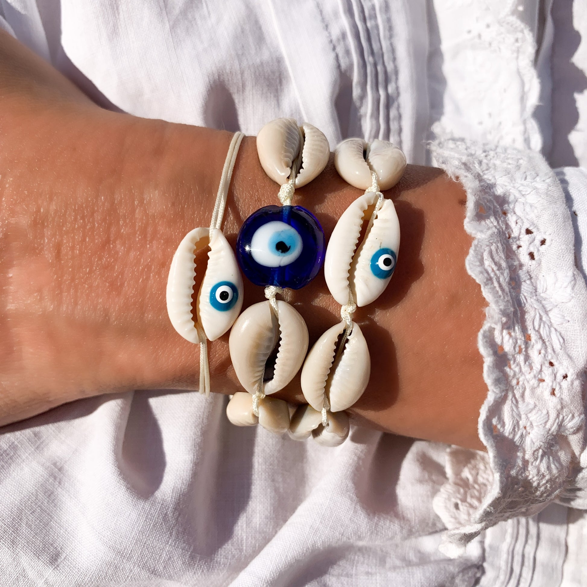 turquoise greek eye shell bracelet