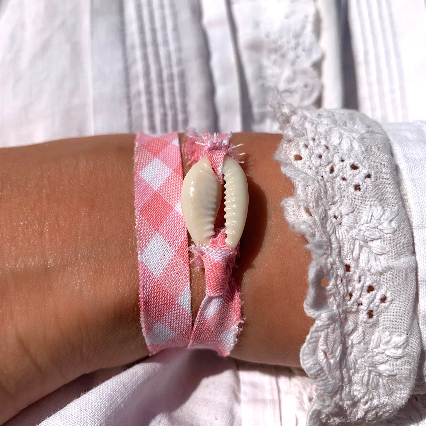pink gingham shell bracelet