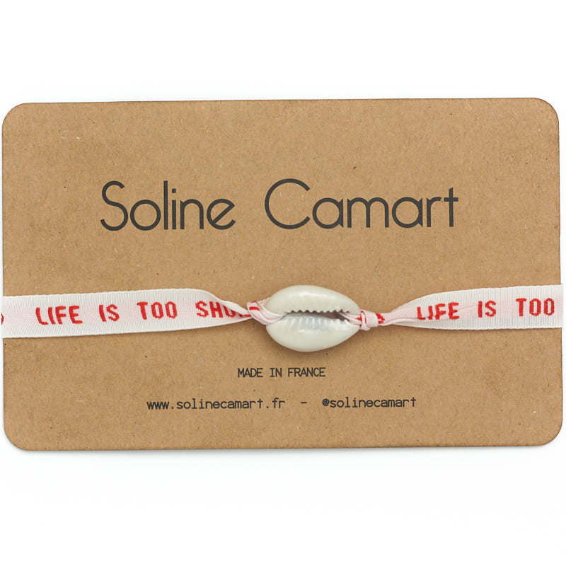 Bracelet Life Is Too Short Message Brodé Rouge Coquillage