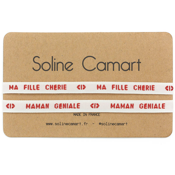Bracelet Duo Ma Fille Chérie & Maman Géniale Message Brodé Rouge Femme