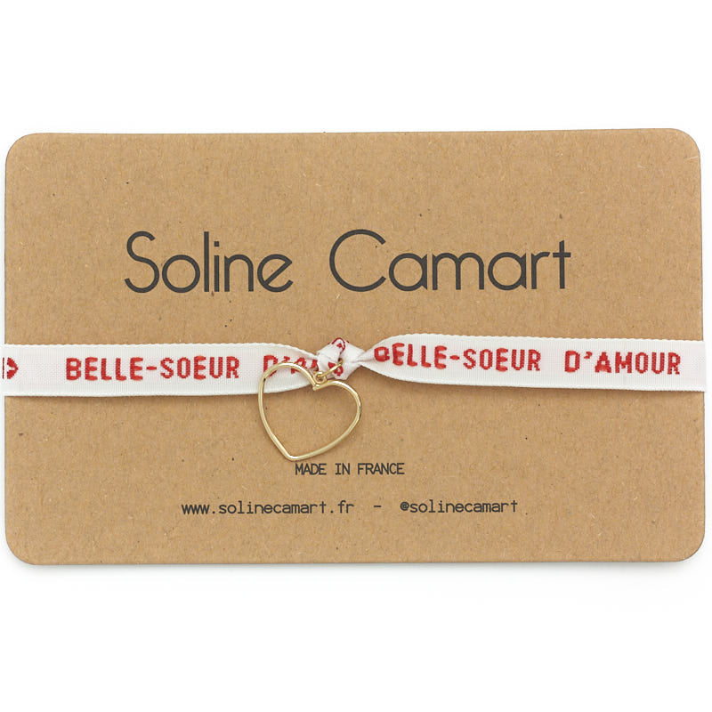 Bracelet Belle Soeur d'Amour Message Brodé Rouge Femme Coeur Doré