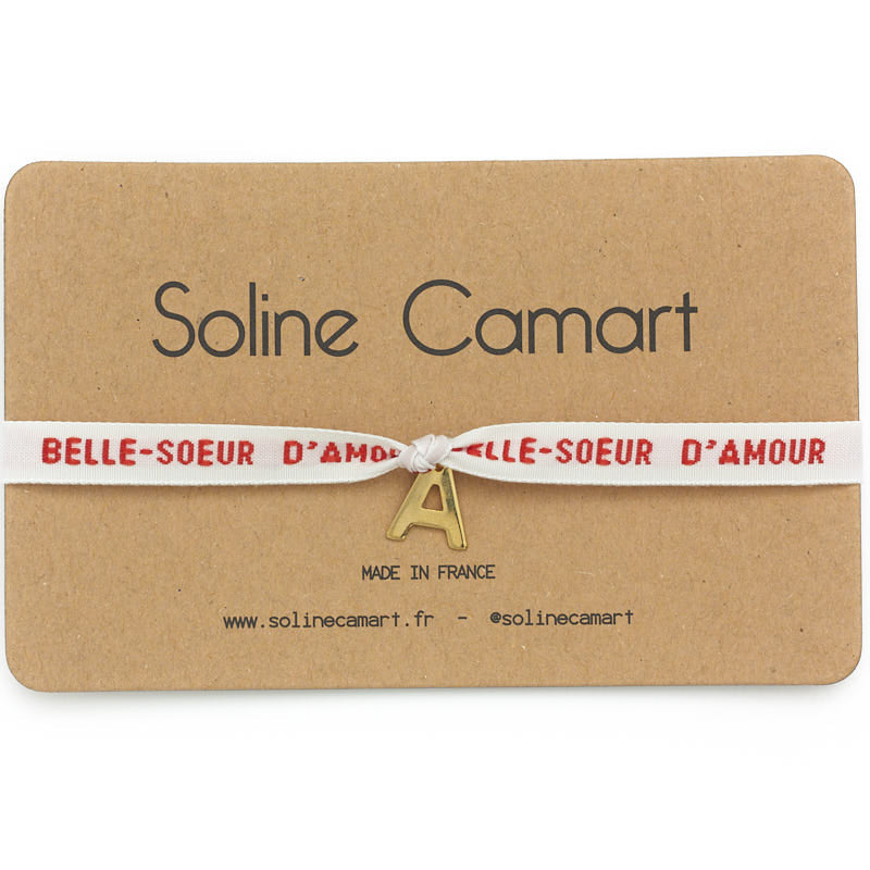 Bracelet Belle Soeur d'Amour Message Brodé Rouge Femme Initiale Lettre Dorée