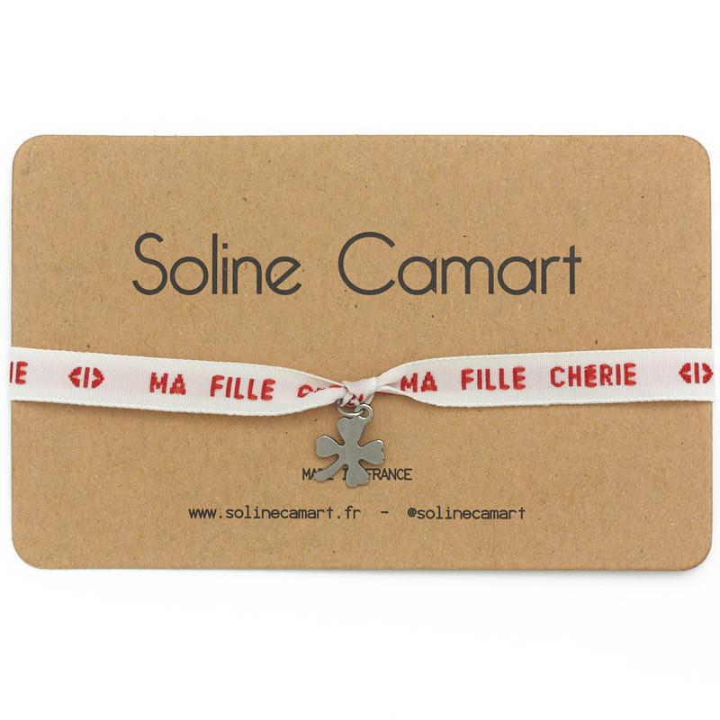 Bracelet Ma Fille Chérie Message Brodé Rouge Femme Trèfle Argenté