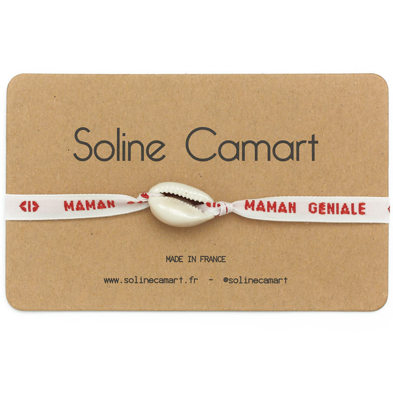 Bracelet Maman Géniale Message Brodé Rouge Femme Coquillage