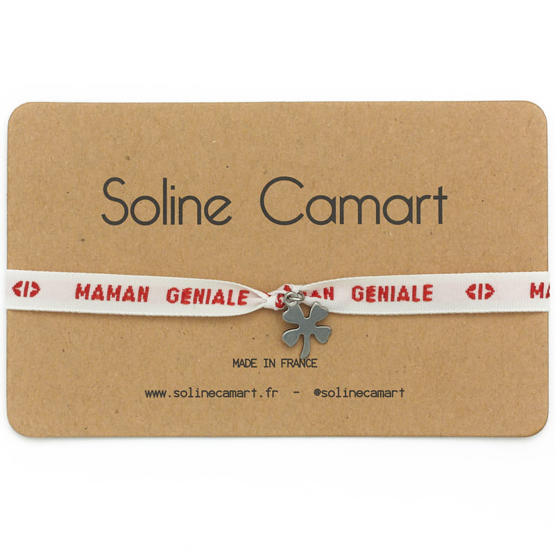 Bracelet Maman Géniale Message Brodé Rouge Femme Trèfle Argenté