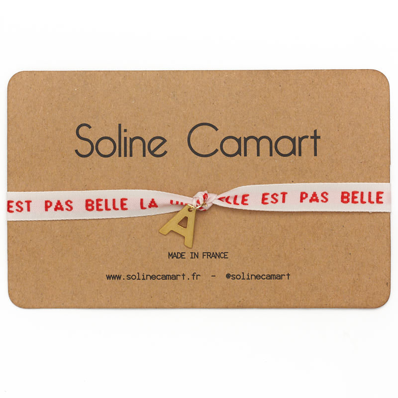 Bracelet Elle Est Pas Belle La Vie Message Brodé Rouge Initiale Lettre Dorée