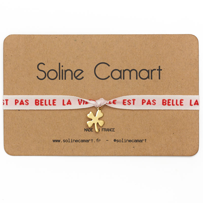 Bracelet Elle Est Pas Belle La Vie Message Brodé Rouge Trèfle Doré