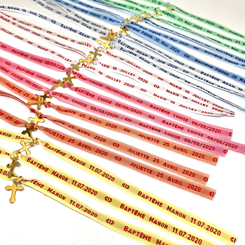 bracelet brodé ruban personnalisé croix dorée baptême